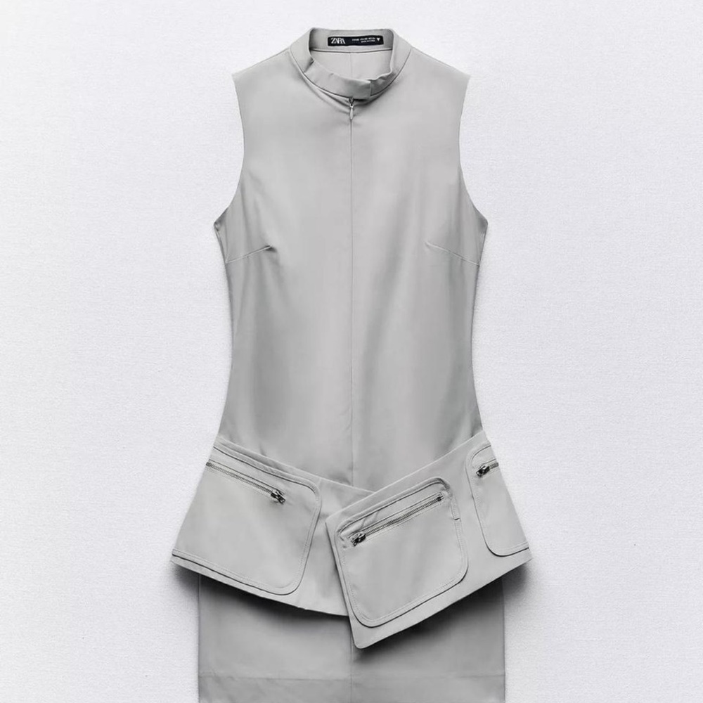 Zara Light Gray Sleeveless Dress with Zippered Pockets